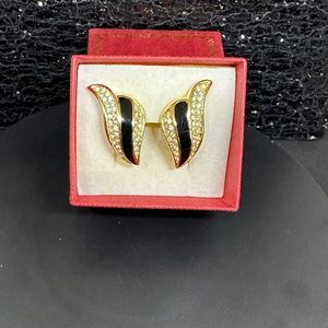 Christian Dior Crystaled Earrings Surrounding a Black Ribbon; Clip On
